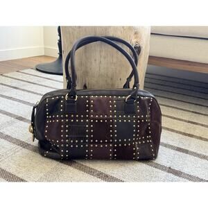 Michael Kors Y2K Vintage Astor Patchwork Large Satchel Purse Brown Stud Leather